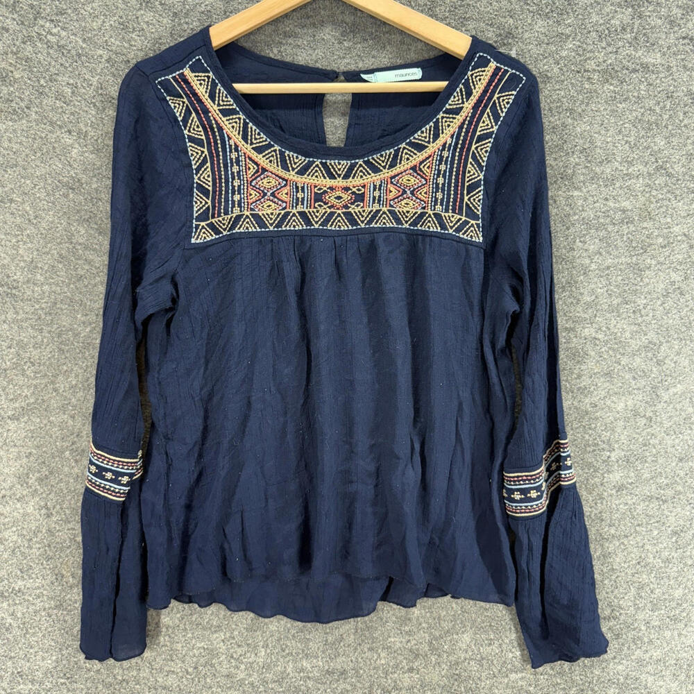 Maurices Blouse Women L Large Blue Geometric Embroidered Long Sleeve Hook & Eye